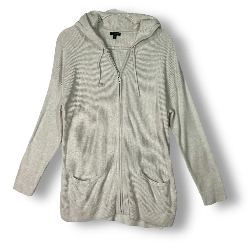 Talbots Waffle Knit Hooded Thermal Sweater 1X Full Zip Neutral Long Lightweight - Picture 1 of 11